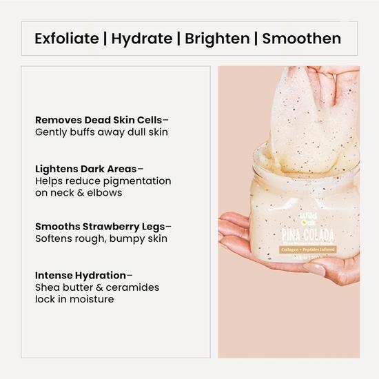 WildOak Pina Colada Sugar Body Scrub | 300g | Kojic Acid, Hyaluronic Acid, Ceramides, Collagen & Peptides | De-Tan & Brightens Dark Areas