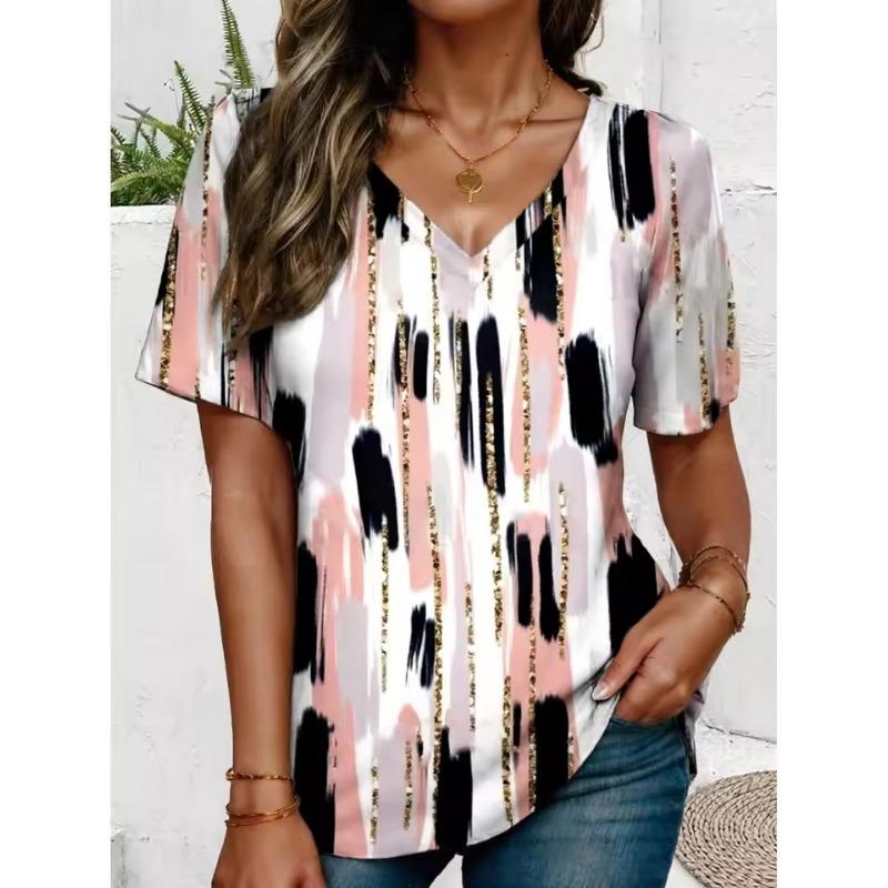 

Fashion Ladies V-neck Elegant Fashion Short Sleeve T-shirt Summer 3d Printing Irregular Printing Loose Tops Multiple Colors S