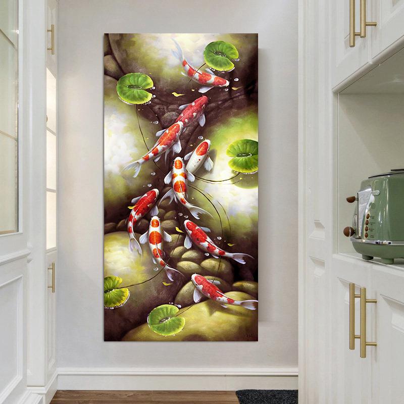 Ohromující abstraktní plátno s malbou kaprů koi a lotosového květu pro nástěnnou malbu a dekoraci verandy, ložnice a obývacího pokoje