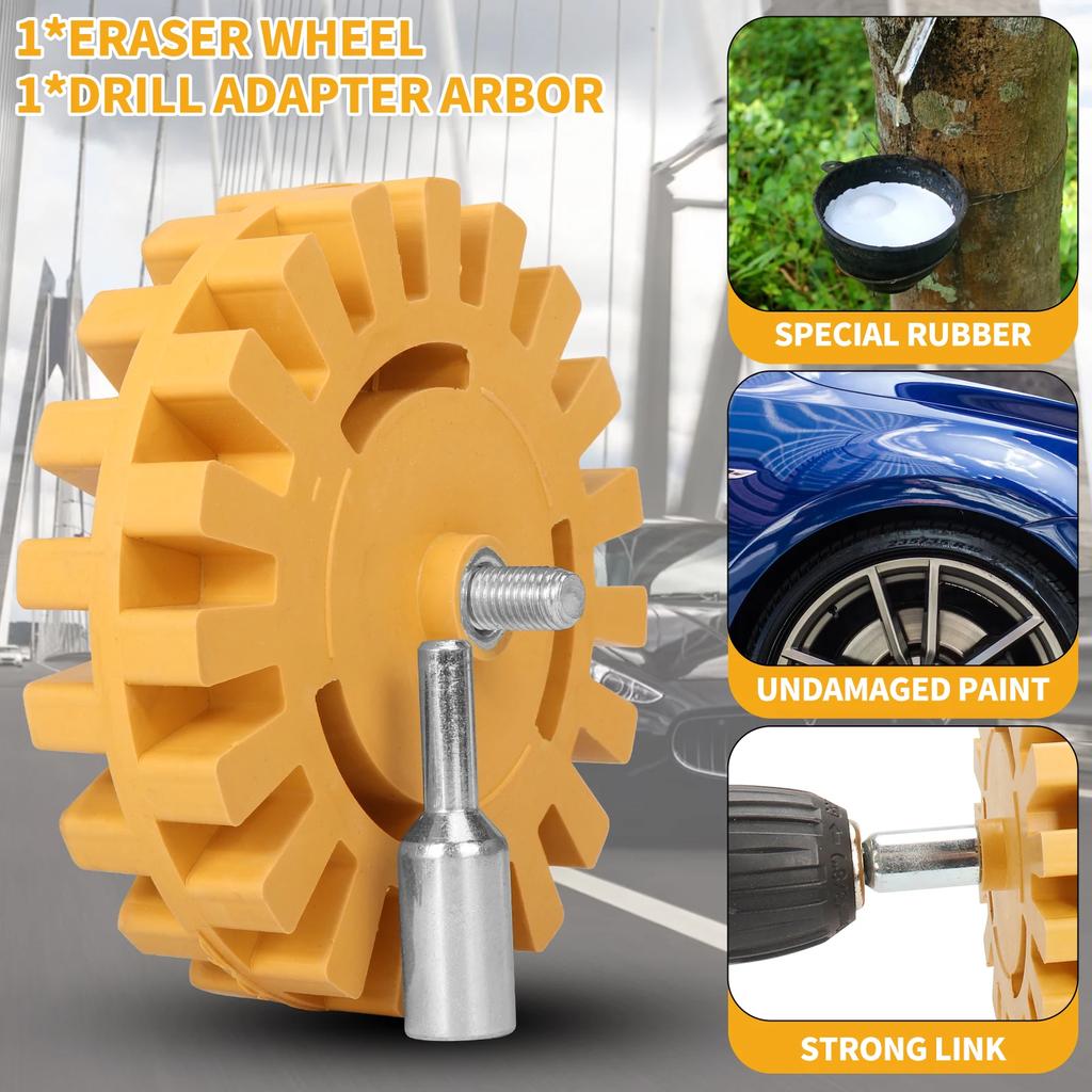 Car Eraser Wheel Adhesive Remover Rubber Wheel, Smooth Power Drill Adapter, Paint Repair Rubber Vinyl Decals Removal Tool