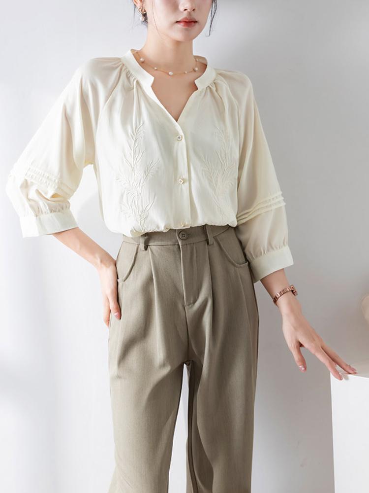 Solid Elegant French Embroidery Retro Sexy Shirt Women Basic Sweet Three Quarter Sleeve Tops Female Korean Fashion Design Niche Casual Slim Clothing