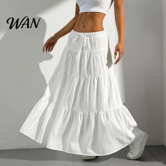 Elastic Waistband Skirt Women Long Spring Summer Middle Waist A Line Flowy Swing Occasion Breathable Solid Color Drawstring Pleated Casual Elegant