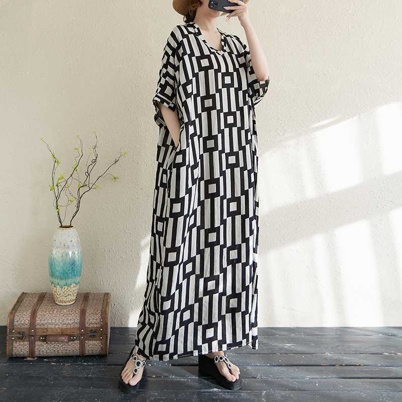 Sommarfärg Rese V-ringad Retro Lång Kjol Bomull Linne Klänning