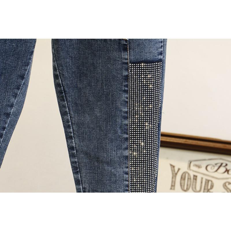 Korean Style Plus Size Slim Fit Jeans For Women With Rhinestone Patchwork
