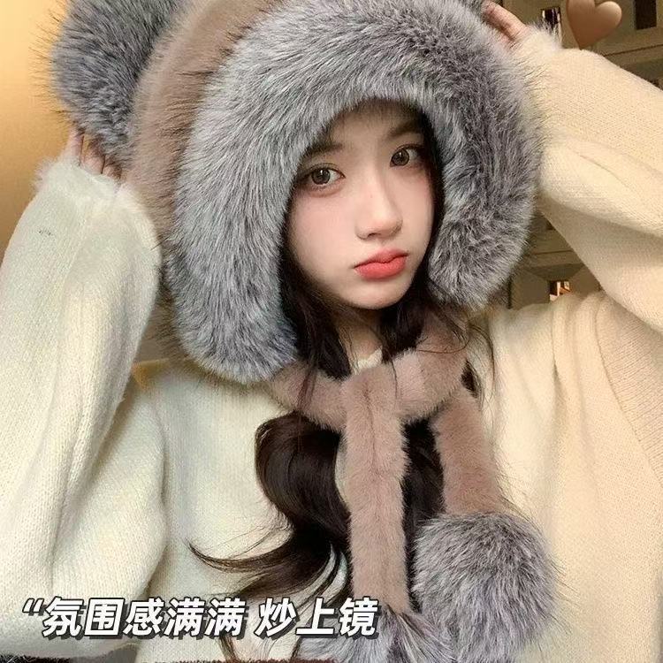 Cute Bear Ears Plush Hat Women's Winter New Cycling Ear Protection Warm Face Little Lei Feng Hat