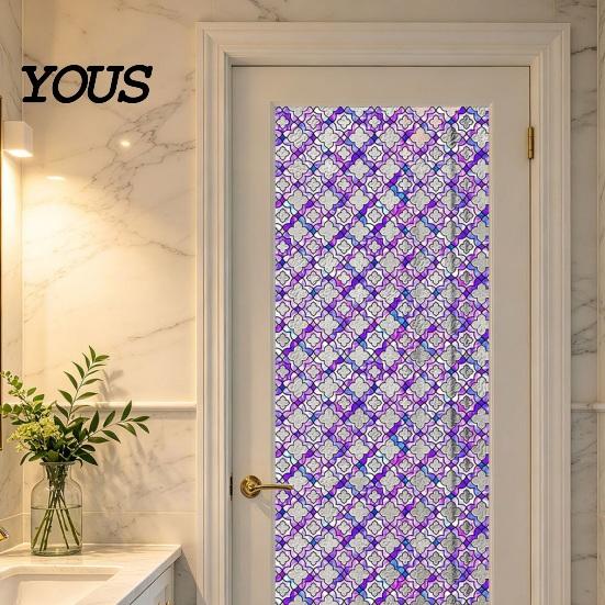 Easy Install Window Sticker Stained Glass Film, Retro Geometric Plaid Static Cling Privacy Decal, Double Non-Adhesive Film for Bedroom Sided