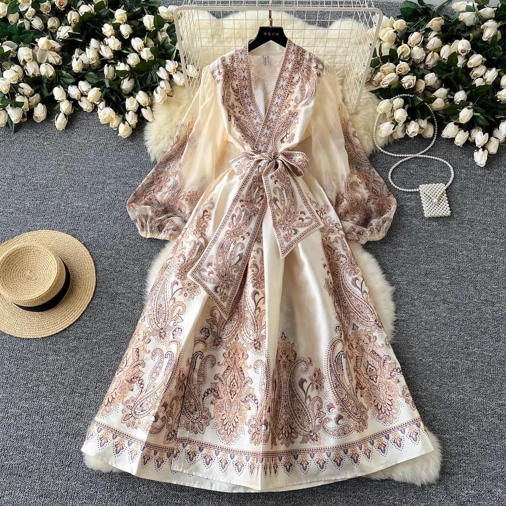 Nuovo vestito da festa con stampa floreale Paisley autunnale Boho da donna con scollo a V, maniche a lanterna, tasche con lacci, un pezzo lungo, vestido
