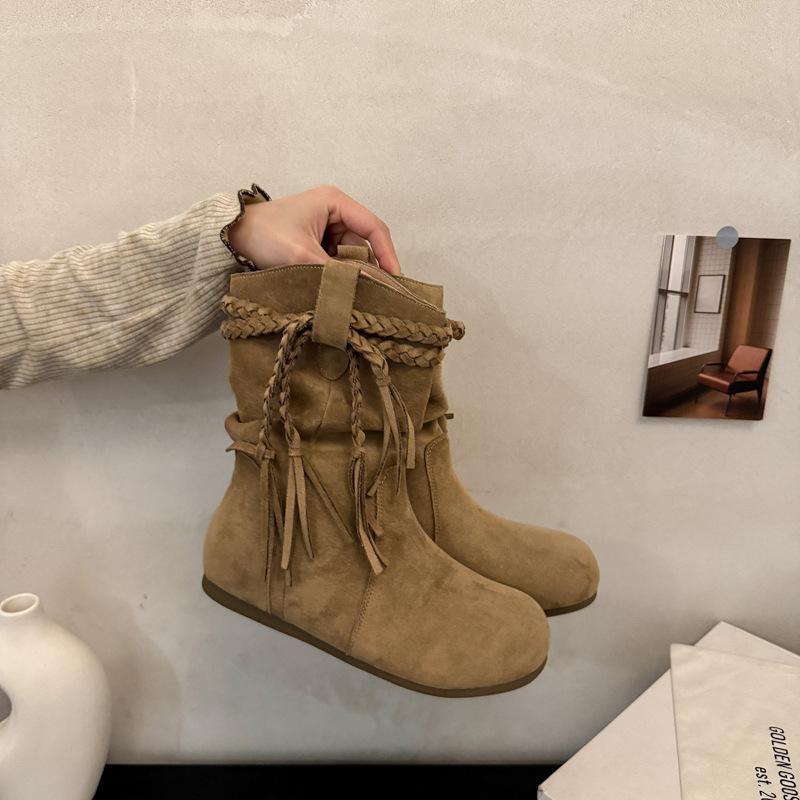 Autumn and Winter New Retro Strap Fringed Short Boots Martin Boots Women's 2025 Korean Version Korean Version Popular Casual Knight Boots
