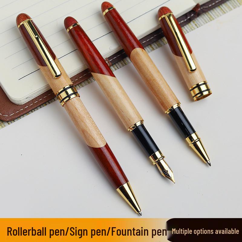 Wooden Metal Ballpoint & Bamboo Fountain Pen - Retro Colorblock, High-End Refill, Ideal for Business or Student Gifts