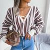 Chic Women's Loose Knitted Sweater with Balloon Sleeve and Contrast Stripe Tie, All Match Tops for Fall Winter