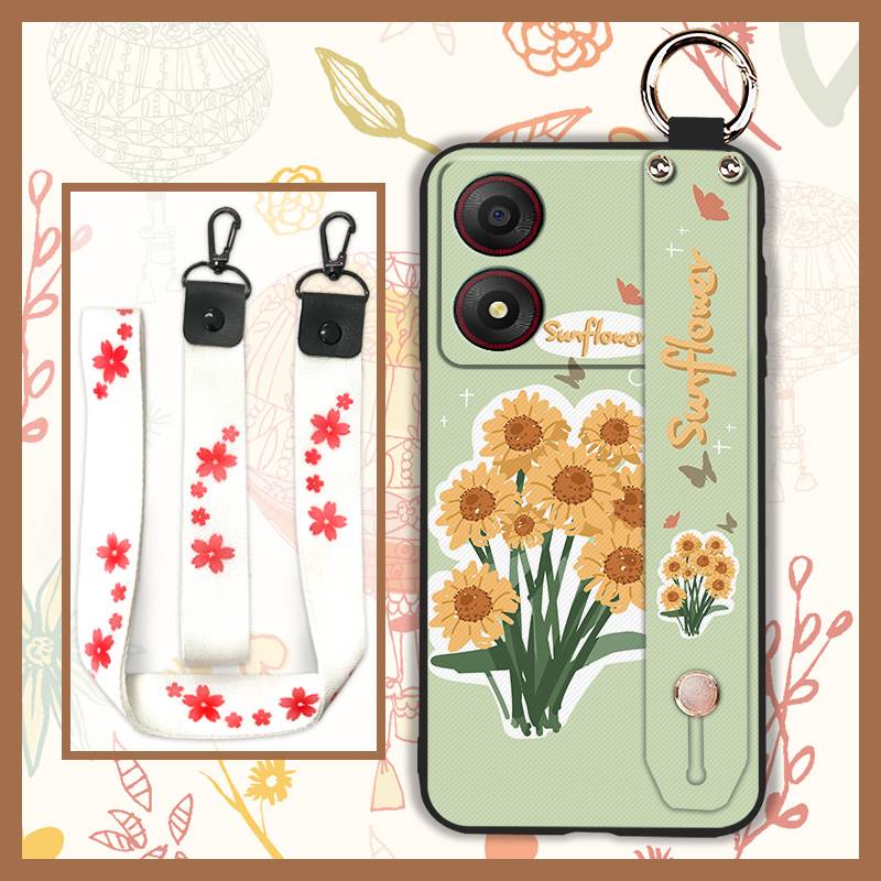 Kickstand Oil Painting Phone Case For ZTE Blade A34 Anti-dust Ring Fashion Design Anti-knock Lanyard Wrist Strap Flower