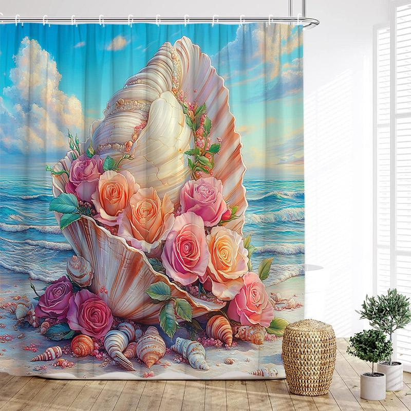 Beach Floral Conch Shower Curtains Watercolour Roses Flowers Starfish Seashells Ocean Waves Scenery Cloth Bathroom Curtain Decor