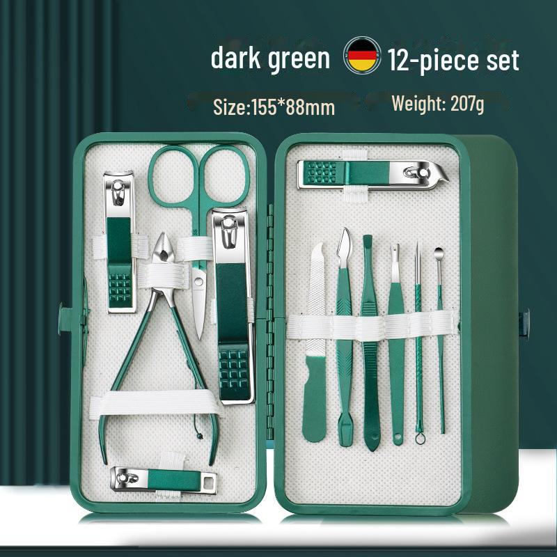 26-Piece Dark Green Stainless Steel Manicure Set: Nail Clippers, Dead Skin Remover, Scissors
