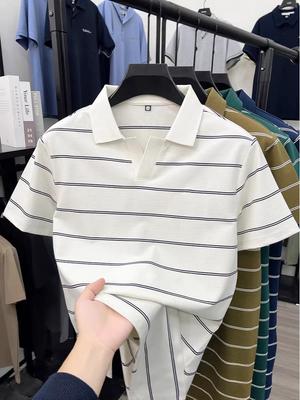 2026 Seagull Collar Striped Polo Shirt for Men - Short Sleeve Summer Lapel Tee for Dad