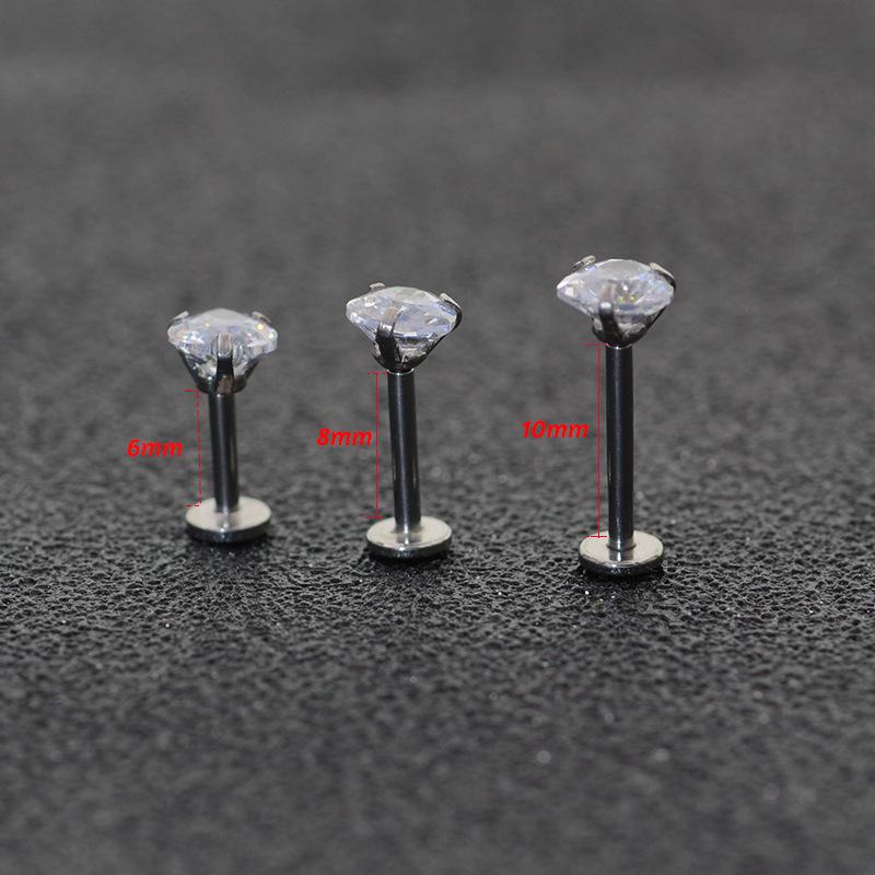 Piercing Labret/Cartilagine Orecchio in Acciaio Inossidabile a Forma di Cuore con Zirconia Cubica, Barra da 1,2 mm, Pietre 3A da 3-5 mm