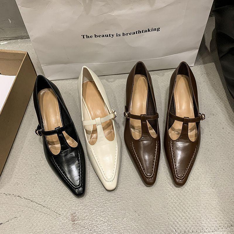2025 spring new thin heel light mouth Mary Jane high heels pointed solid color one pedal French pointed low heels