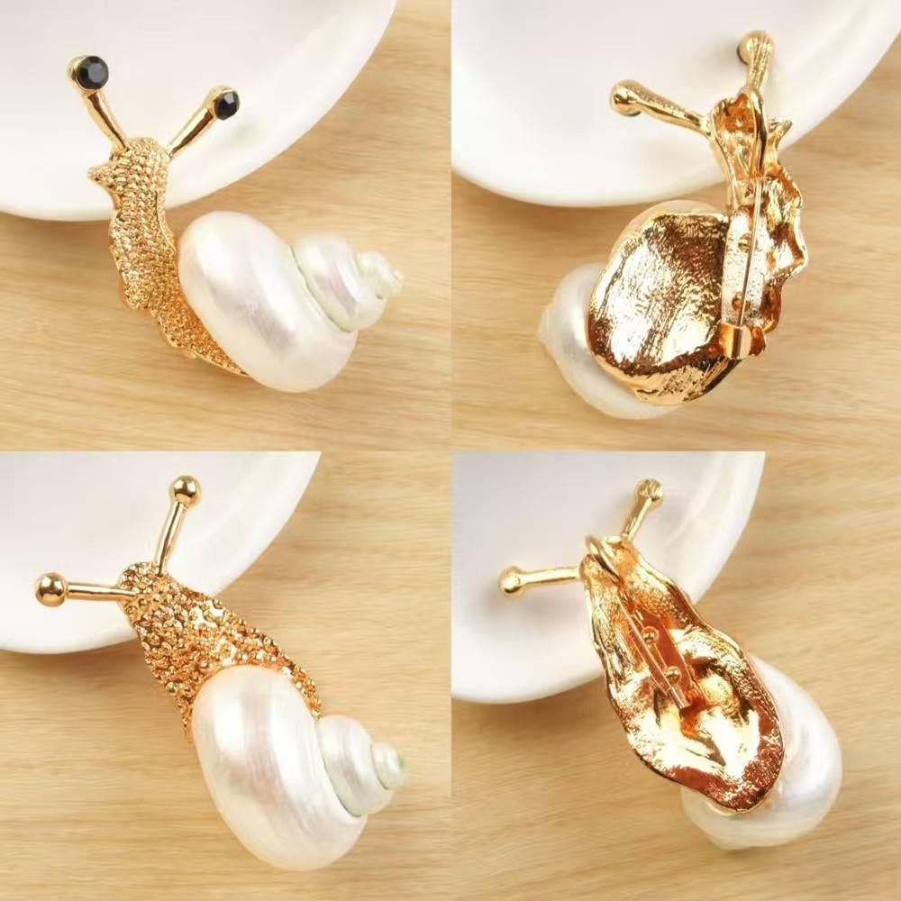 Vintage Silver Gold Alloy Snail Shell Brooch With Natural Shell Embellishments For Couples Gift