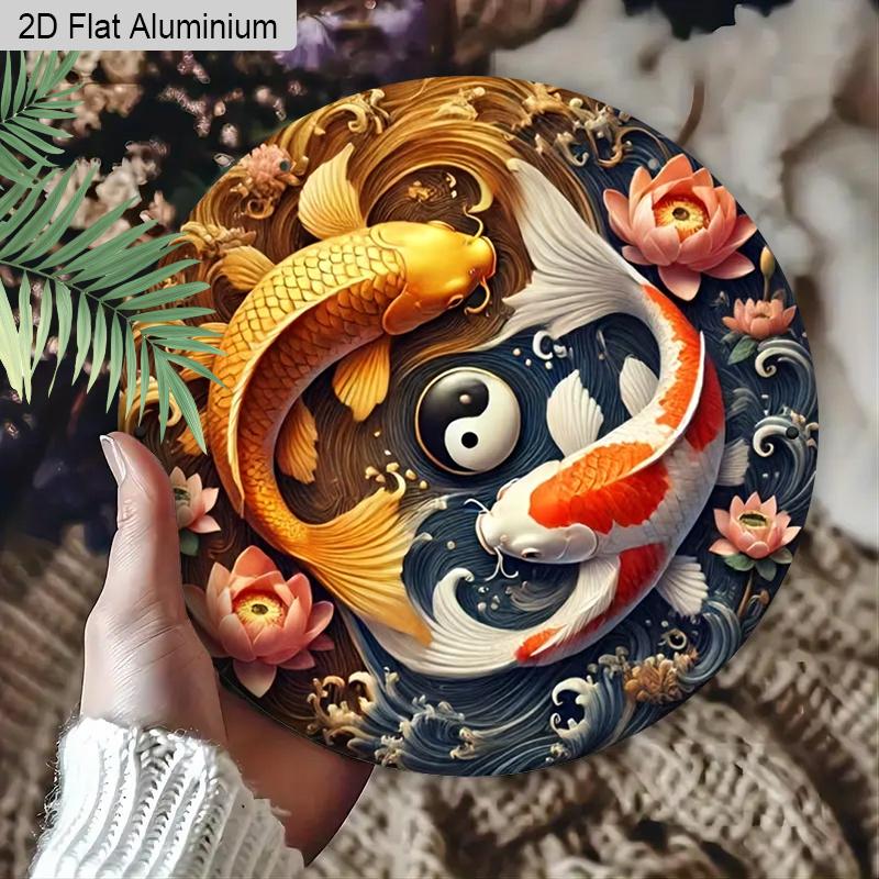 2D Flat Aluminum Koi Fish Yin Yang Round Metal Sign, Man Cave Wall Art Sign for Front Door, Easter Decor, Zen Garden Accessories & Meditation Room