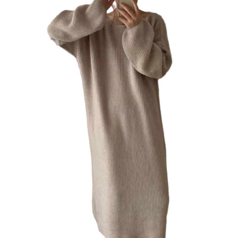 One-word shoulder thin medium and long sweater skirt women's autumn and winter new loose inner knitted dress women
