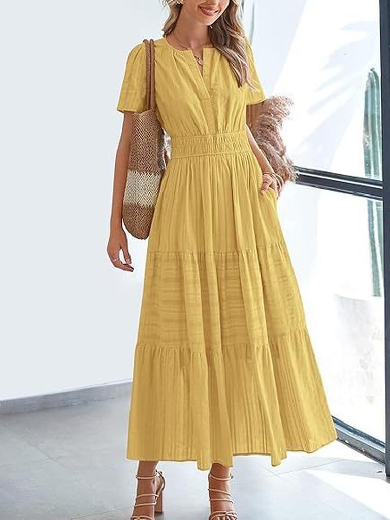 Spring/Summer Women's Fashion V-Neck Ruffled Bubble Sleeve Layered Maxi Dress for Women