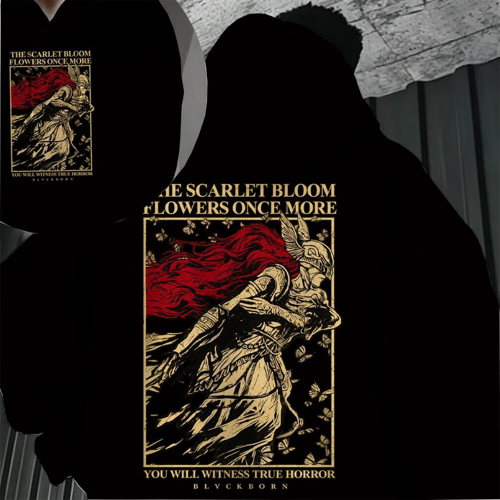 Men's Scarlet Bloom Collection 2D Graphic Hoodie, Breathable Comfy Anime Style Sweatshirt for Daily Casual & Outdoor Wear