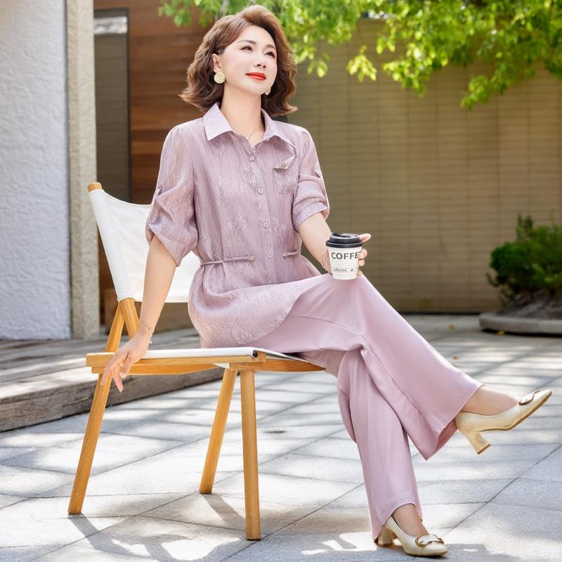 Middle-Aged Women s Elegant Embroidered Wide-Leg Pants Set 2XL розовый