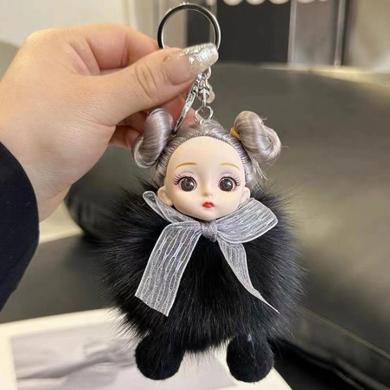 Cute Pompom Keychain Plush Ball Keyring Doll Pendant  Key Holder Chain For Car Key Ring