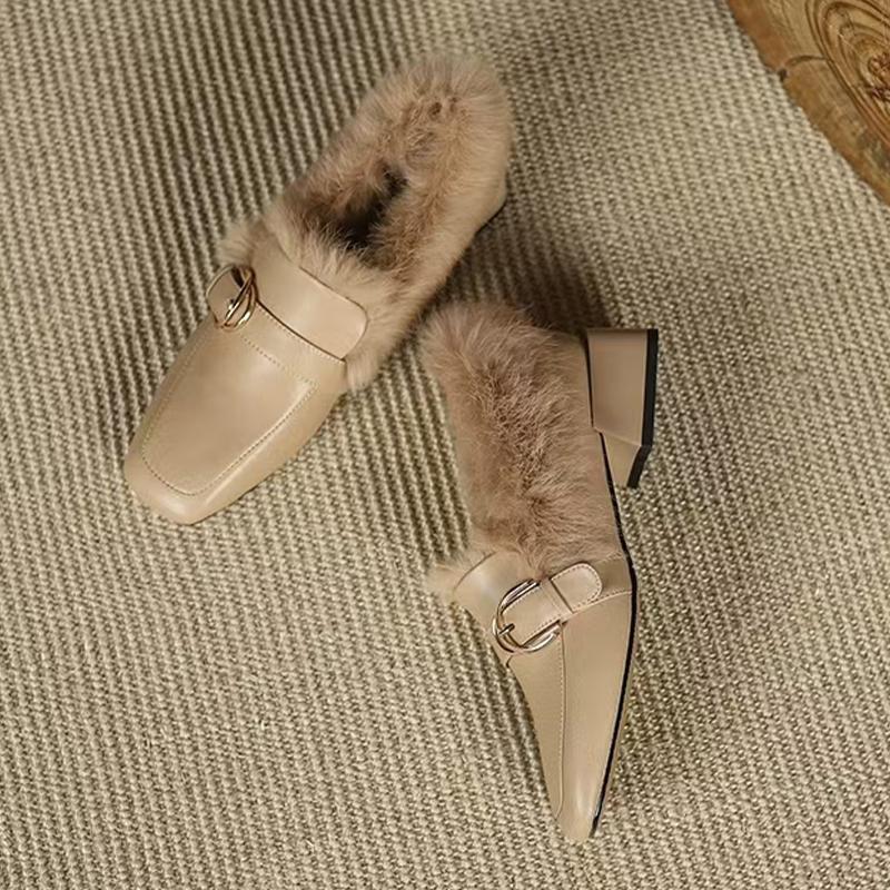 Women Fur Square Toe Cotton Shoes Leather Mid Heels Loafers Shoes Woman 2025 Trend Winter Warm Cozy Dress Snow Boots Zapatillas