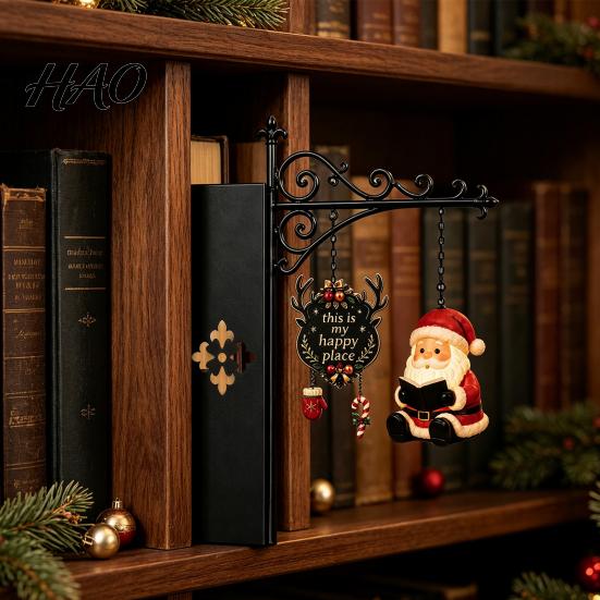 Reindeer Bookshelf Decoration Christmas Book Shelf Light, Iron Bookend Night Lamp with Santa Metal Stand Decor Snowman, Warm Glow Tabletop for