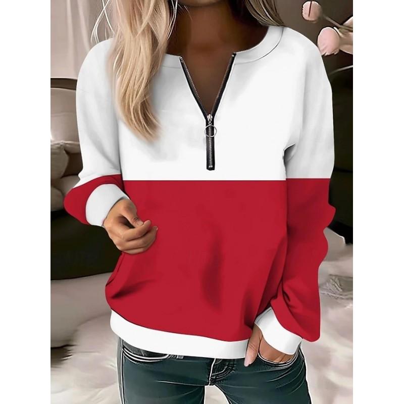 Womens V-Neck Half-Zip Long Sleeve Oversized Hoodie With Geometric Print Casual Comfort Fit 2025