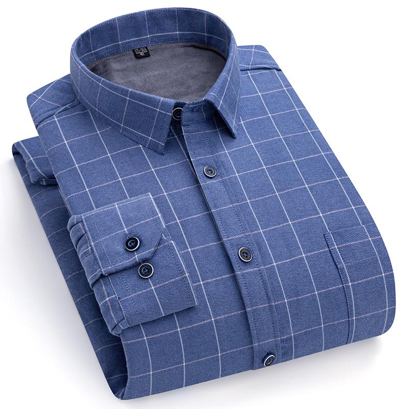 Winter Thermal Shirts Long Sleeve for Men 2 Layers Cotton Oxford Easy Care Warm Male Plaid Shirts Casual Business