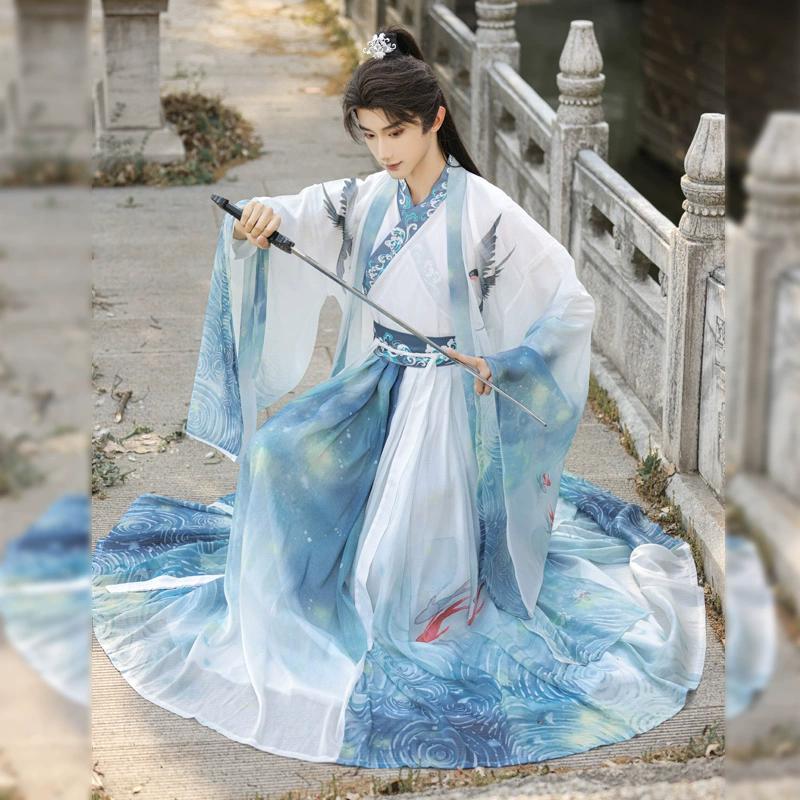 Chinese Wei Jin Dynasty Style Hanfu For Handsome Men, Martial Arts Style Cross Collar Sleeve One-piece Skirt Print Set