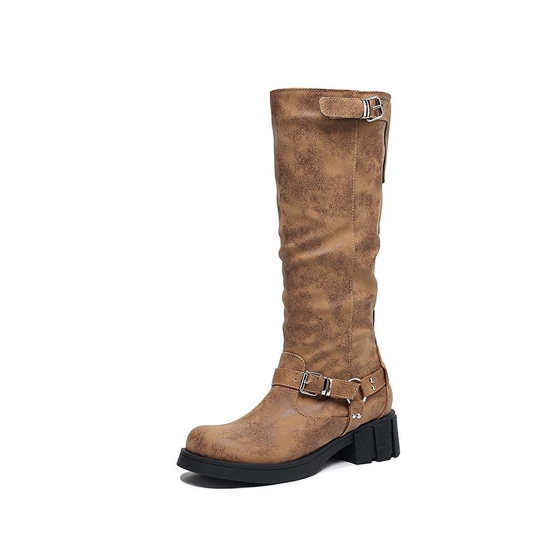 Autumn And Winter Women'S Boots Belt Buckle High Boots Knight Boots Low Heel Locomotive Boots 40-43 Large Size Boots