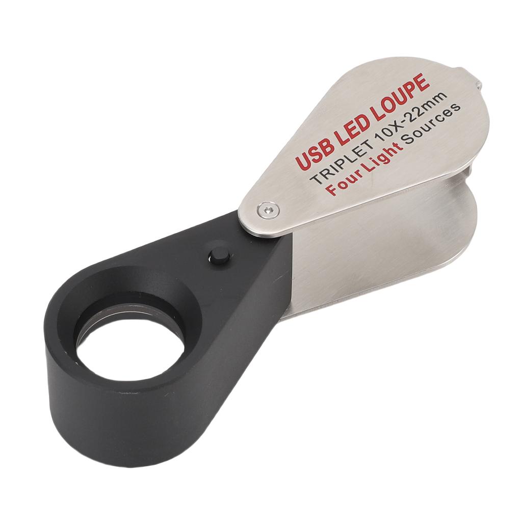 Juwelierslupe 10X Silber Tragbar Wiederaufladbar 4 Lichtmodi K9 Glas Faltbare Lupe
