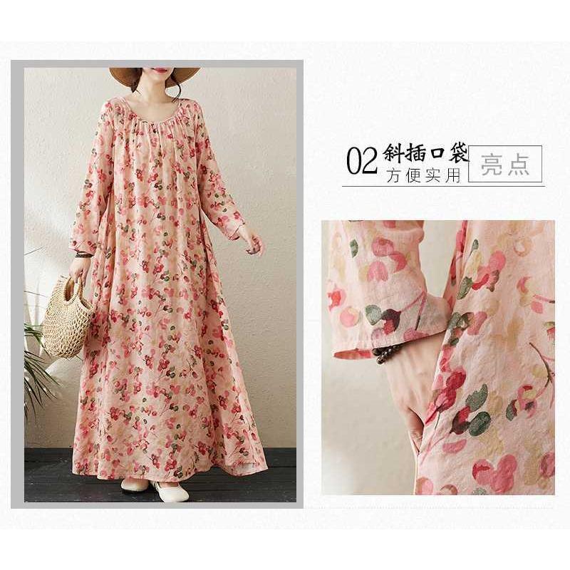 Round Neck Drawstring Loose Minimalist Long Sleeve Extra Long Dress Resort Style