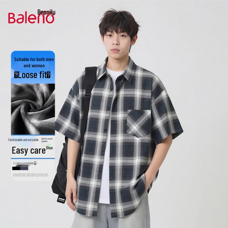 Baleno Men s Plaid Short-Sleeve Casual Shirt L