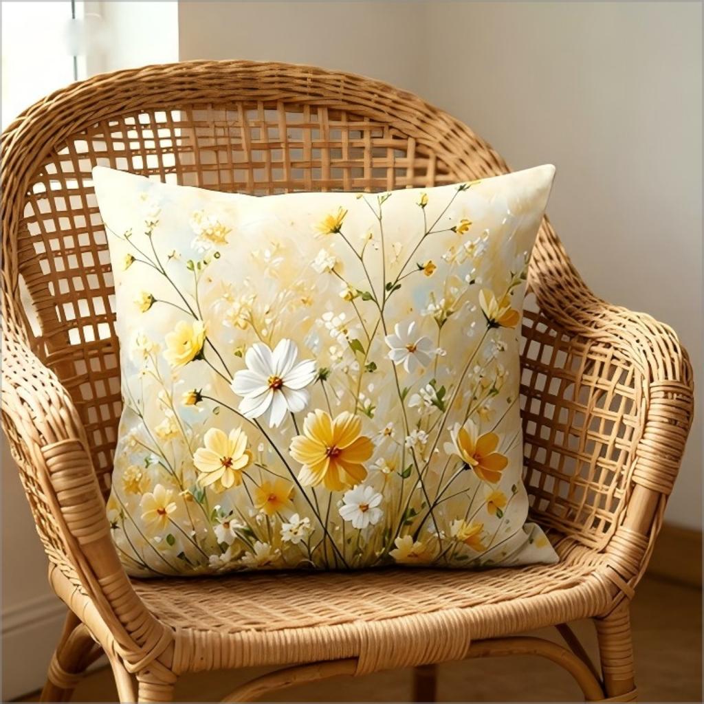 Federa Cuscino Decorativo Floreale Botanico Giallo Margherita Acquerello, Morbido Pastello