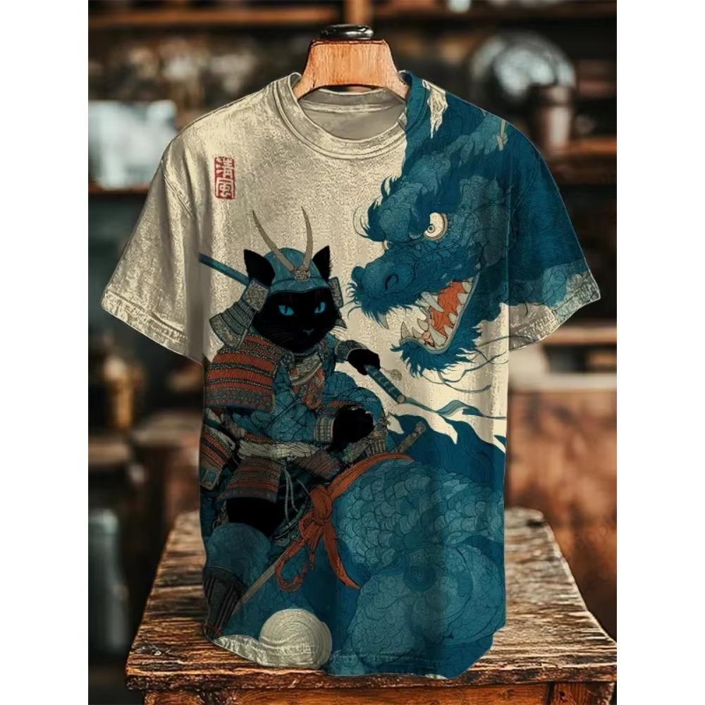 Novas Camisetas com Estampa 3D de Gato Samurai Japonês para Homens Mulheres Camiseta Casual de Manga Curta Top Harajuku Roupa Streetwear
