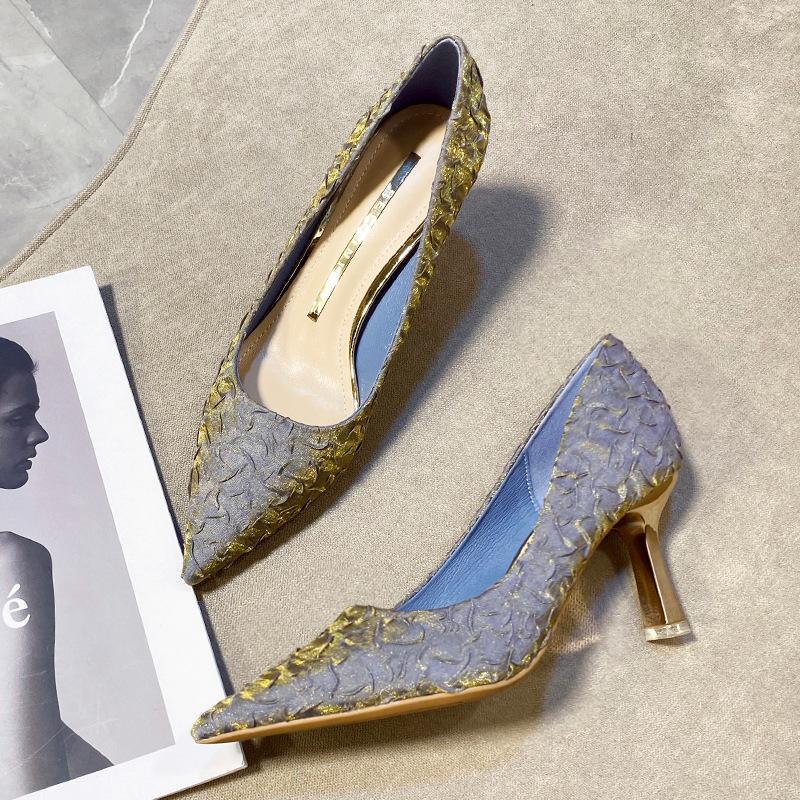 

Весенняя и летняя женская обувь, туфли на шпильке с острым носком, повседневная обувь на высоком каблуке 40 синий