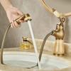 Tuqiu Bathroom Faucet Brass Antique Jade Bathroom Basin Faucet Cold And Hot Water Mixer Sink Tap Deck Mounted Pull Out Tap