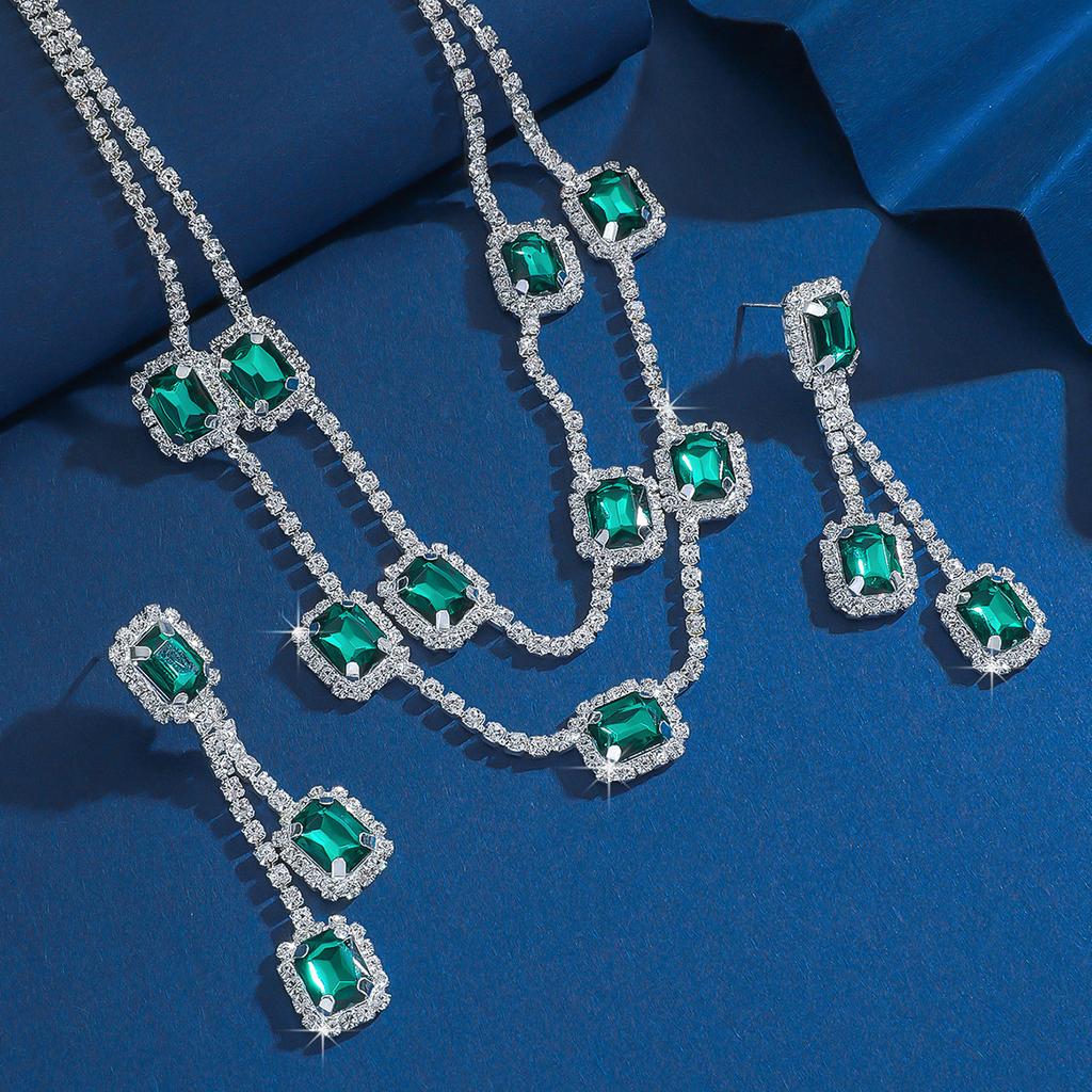 Emerald Diamond Zircon Square Tassel Earrings Court Earrings Necklace Light Luxury Wedding Two-piece Set