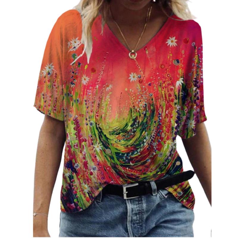 Oversized Women Summer New Casual Short Sleeve Loose Large Size Tops Landscape 3D Floral Print Top