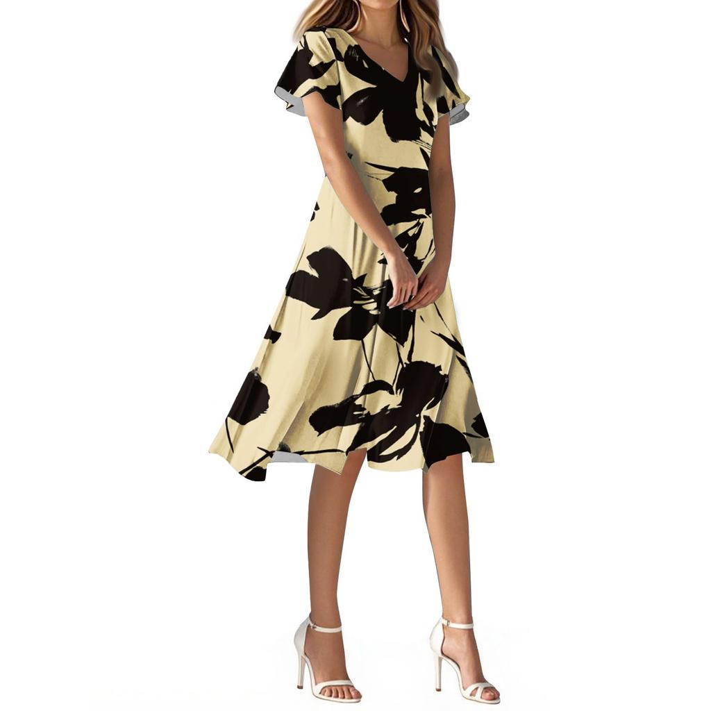 Damska letnia, swobodna, modna sukienka z nadrukiem kwiatowym, dekoltem w serek, krótkim rękawem i krótką spódniczką
