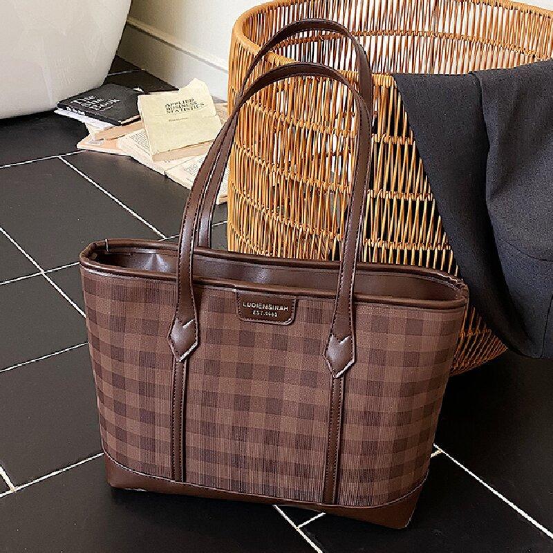 Fashion plaid shoulder commuter big bag women's retro large capacity niche tote bag
