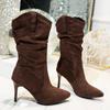 Women's Fashion Thin Heel Single Boots Autumn New Pointed Suede Cover Foot Fold Anti-slip Wear-resistant Mid-calf Boots