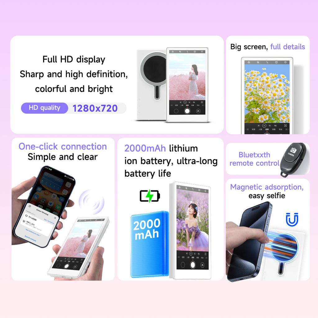 Vlog Selfie Monitor Screen Compatible with Phone Magnetic Wireless Rear Camera Phone Monitor with 164FT Range Live Streaming (White) 7