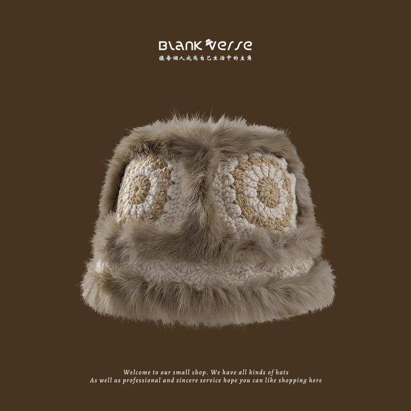 Autumn and winter cloud plush hat female warm rabbit fur hat big head circumference shows small face fluffy basin hat
