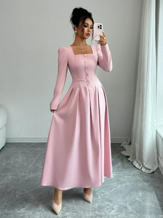 Autumn Slimming Waist High-end French Pleated Dress with Square Neck and Single-breasted Design