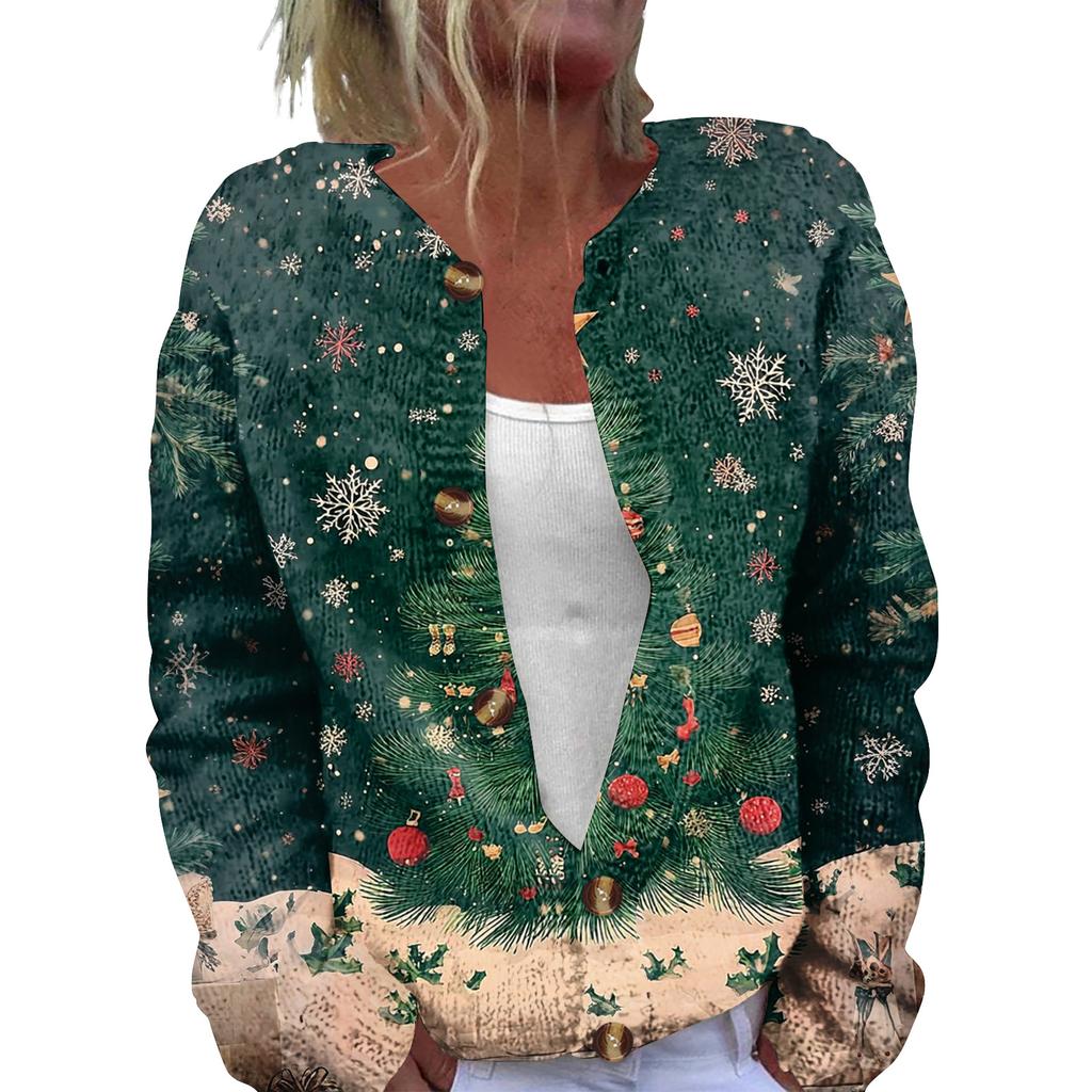 Women's Fashion Christmas Printed Long Sleeve Knitted Cardigan Button Down Jacket