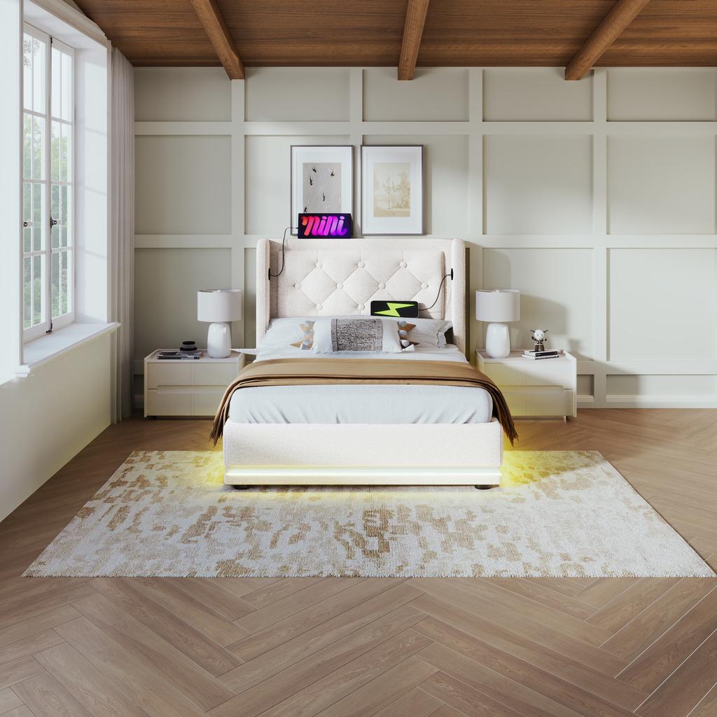 Upholstered Single Bed 90*200 cm, Beige Cotton Hydraulic Storage, Headboard with USB Type-C Charging, 3-Sided LED Function (Without Mattress)